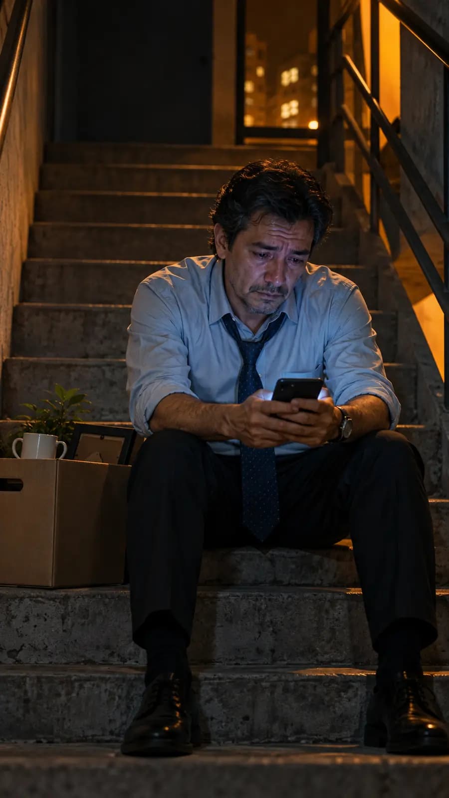 Imagen ilustrativa: un hombre con camisa de oficina sentado en una escalera, con una caja de cartón al lado.