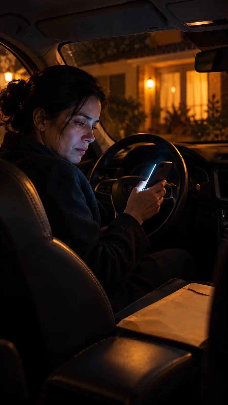 Imagen ilustrativa: una mujer sentada en su carro frente a su casa, de noche, sin decidirse a bajar.