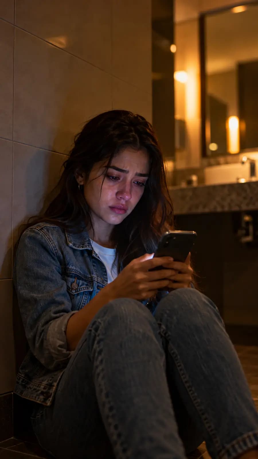Imagen ilustrativa: una joven sentada en el piso de un baño público, mirando su celular con los ojos húmedos.